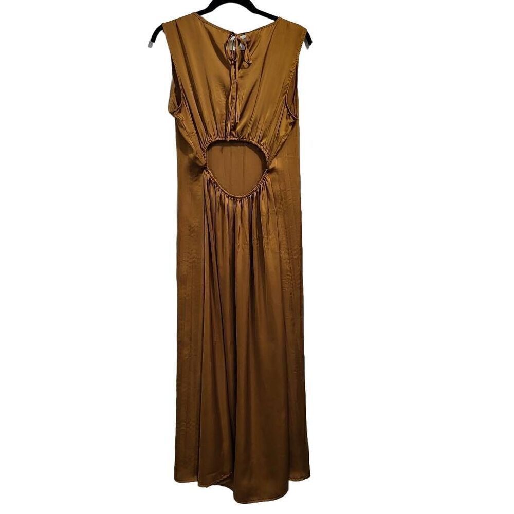 Worthington‎ Gold Silky Crinkle Sleeveless Back Cutout A-Line Midi Dress Sz lg - Picture 4 of 9